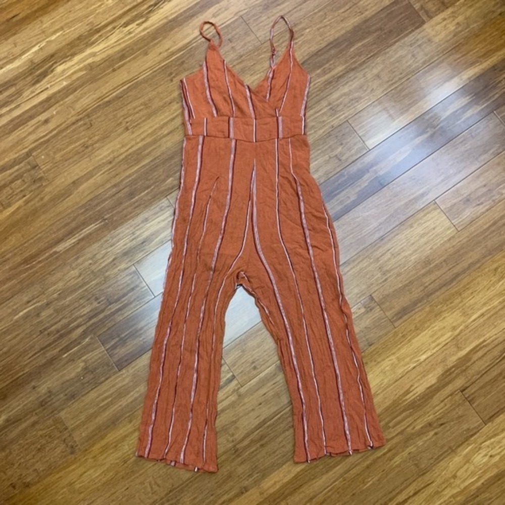 Lottie Moss Women XS Jumpsuit Rust Orange Striped Wide Leg VNeck Spaghetti Strap